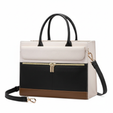 TJMAXX TJX Deluxe Colorblock Office Tote – Black, Cream & Brown Structured Handbag